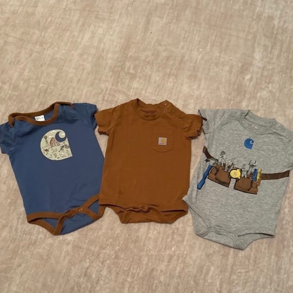 Carhartt Baby Bodysuit Bundle Set of 3 Brown Blue Gray Graphic Snaps Kids